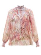 Matchesfashion.com Zimmermann - Botanica Smocked Crinkled Silk-georgette Blouse - Womens - Pink Print