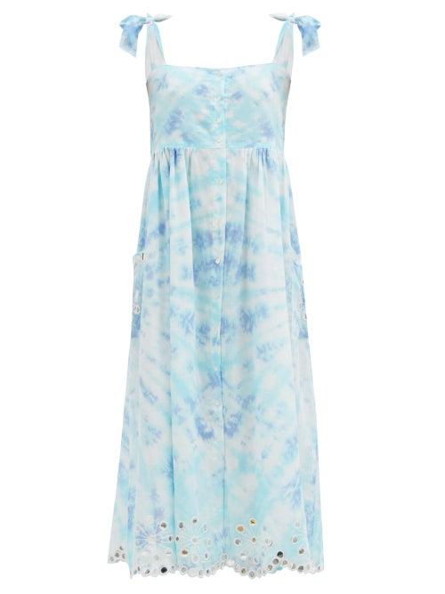 Matchesfashion.com Juliet Dunn - Floral-embroidered Tie-dyed Cotton Midi Dress - Womens - Blue White