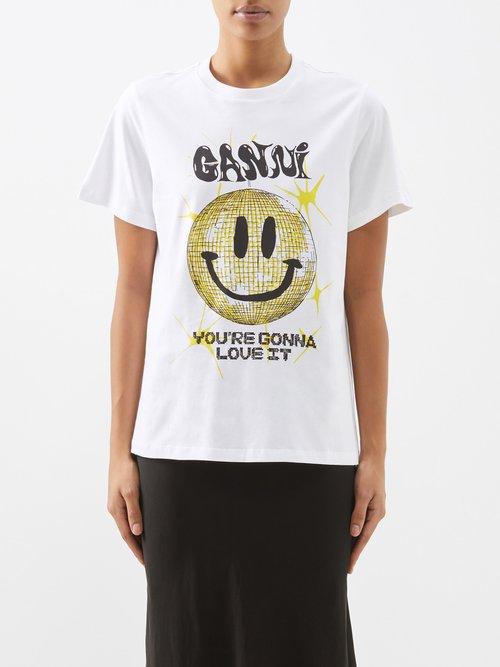 Ganni - Disco Smiley-print Organic Cotton-jersey T-shirt - Womens - White