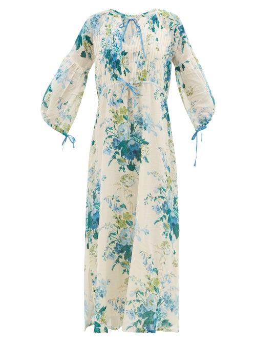 Matchesfashion.com D'ascoli - Clarita Drawstring Floral-print Cotton Maxi Dress - Womens - Blue Print
