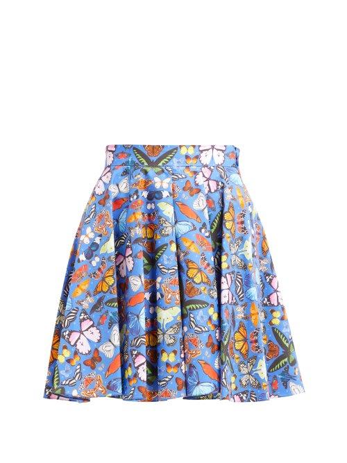 Matchesfashion.com Mary Katrantzou - Simona Butterfly Print Cotton Mini Skirt - Womens - Blue Multi