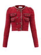 Self-portrait - Crystal-button Cropped Wool-blend Cardigan - Womens - Red