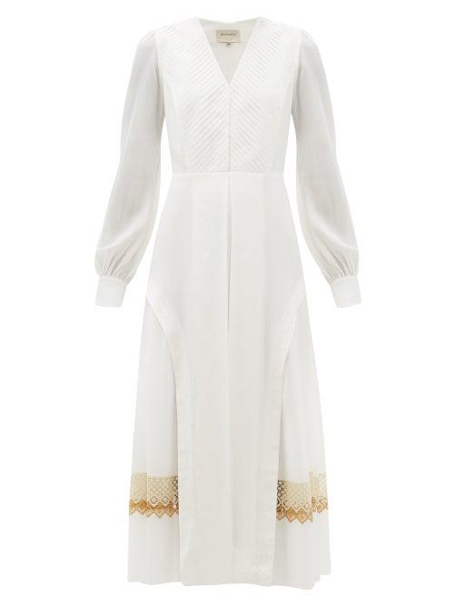 Matchesfashion.com Zeus + Dione - Cleopatra Lace Trimmed Twill Midi Dress - Womens - Ivory Multi