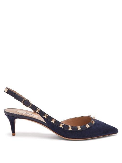 Matchesfashion.com Valentino - Rockstud Slingback Suede Pumps - Womens - Navy