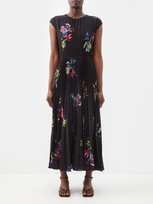 Jason Wu Collection - Floral-print Pleated-chiffon Midi Dress - Womens - Black Multi