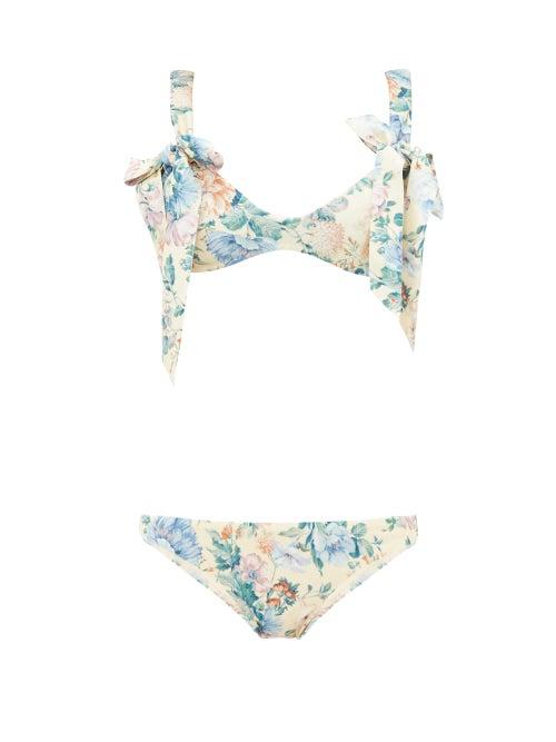 Matchesfashion.com Zimmermann - Verity Floral Print Bow Detail Bikini - Womens - Cream