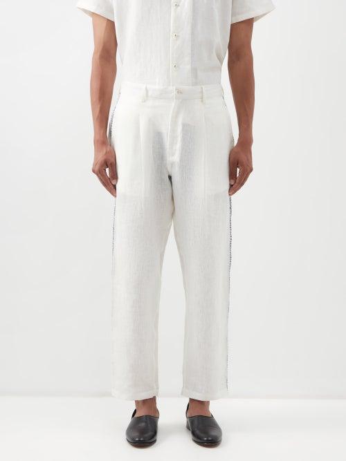 Harago - Embroidered Linen-voile Trousers - Mens - Cream Multi