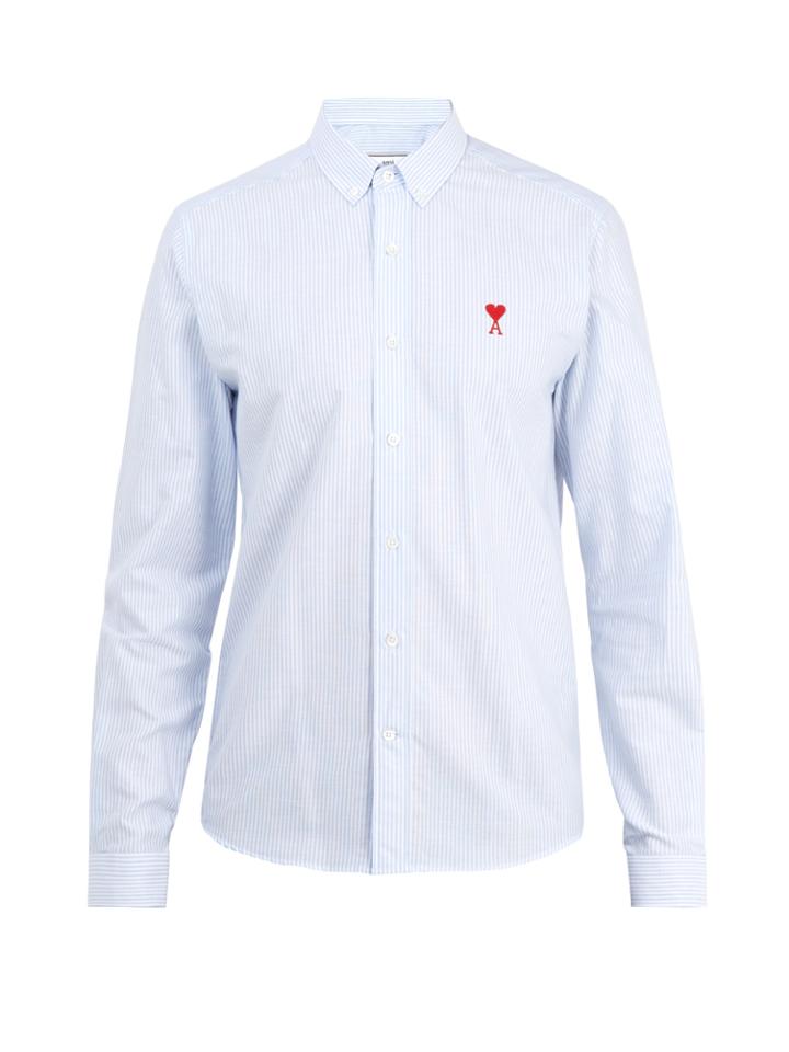 Ami Logo-embroidered Striped Cotton Shirt