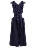 Matchesfashion.com Three Graces London - Mabel Ruffled Linen Midi Dress - Womens - Navy