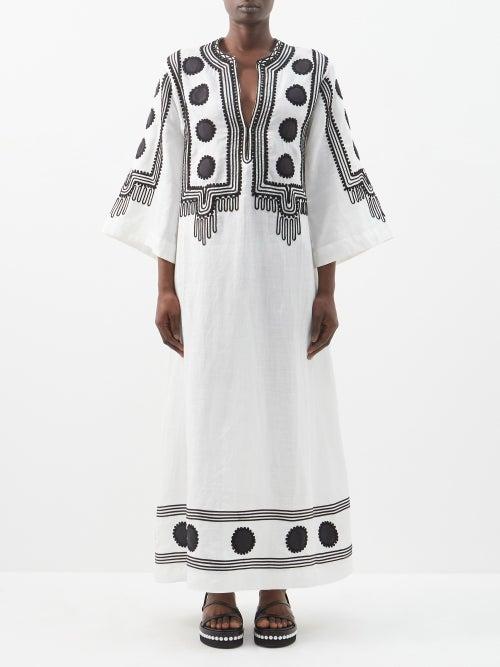 Fil De Vie - Bella Embroidered Ramie-voile Kaftan - Womens - Black/cream