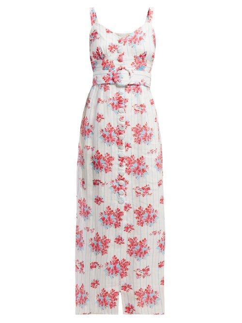 Matchesfashion.com Gl Hrgel - Floral And Stripe Print Linen Midi Dress - Womens - White Print