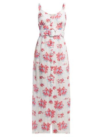 Matchesfashion.com Gl Hrgel - Floral And Stripe Print Linen Midi Dress - Womens - White Print