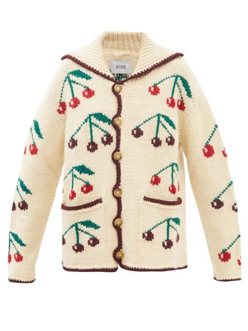 Bode - Cherry-jacquard Wool-blend Cardigan - Womens - Beige Multi