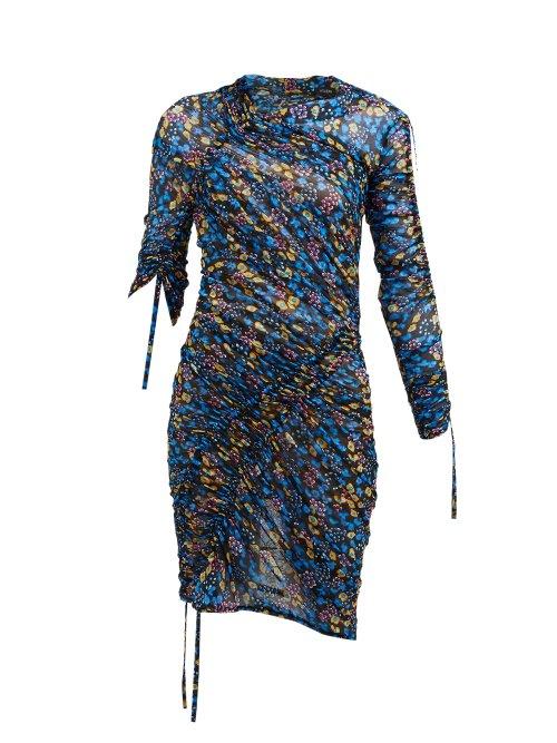 Matchesfashion.com Atlein - Flora Print Ruched Tulle Midi Dress - Womens - Blue Multi