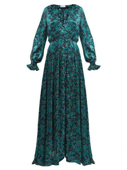 Matchesfashion.com Raquel Diniz - Palm And Leopard Print Silk Crepe De Chine Gown - Womens - Green Multi