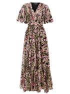 Matchesfashion.com Giambattista Valli - Cape-sleeve Floral-print Silk Maxi Dress - Womens - Black Multi