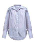 Matchesfashion.com Frame - Pleated Striped Cotton Shirt - Womens - Light Blue