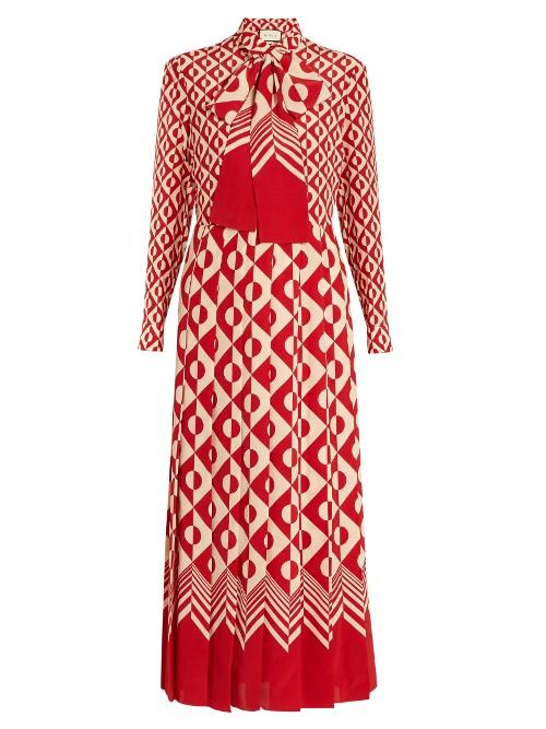 Gucci Long-sleeved Geometric-print Silk Dress