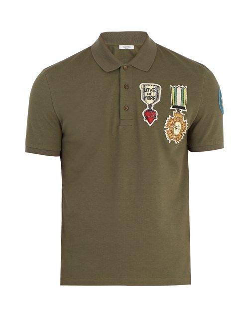 Matchesfashion.com Valentino - Embroidered Appliqu Cotton Piqu Polo Shirt - Mens - Khaki