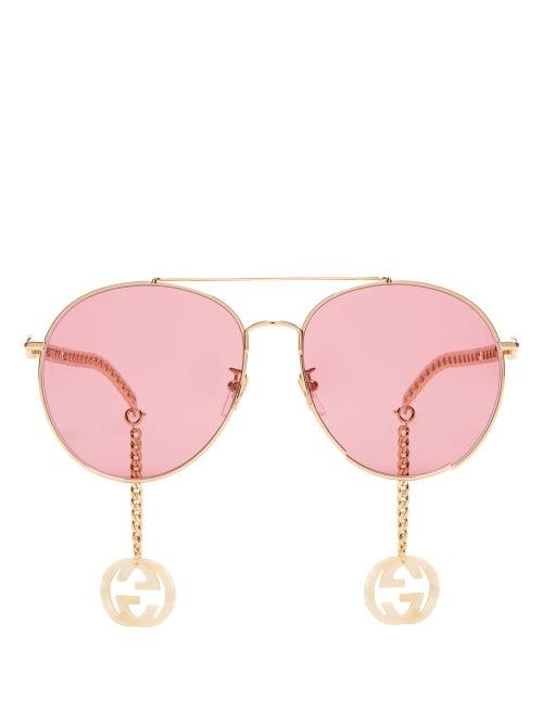 Matchesfashion.com Gucci - Logo-charm Aviator Metal Sunglasses - Womens - Pink Gold