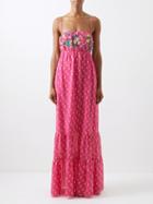 Saloni - Lucy Floral-embroidered Silk-blend Maxi Dress - Womens - Pink