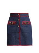 Matchesfashion.com Gucci - Leather Trimmed Denim Mini Skirt - Womens - Dark Blue
