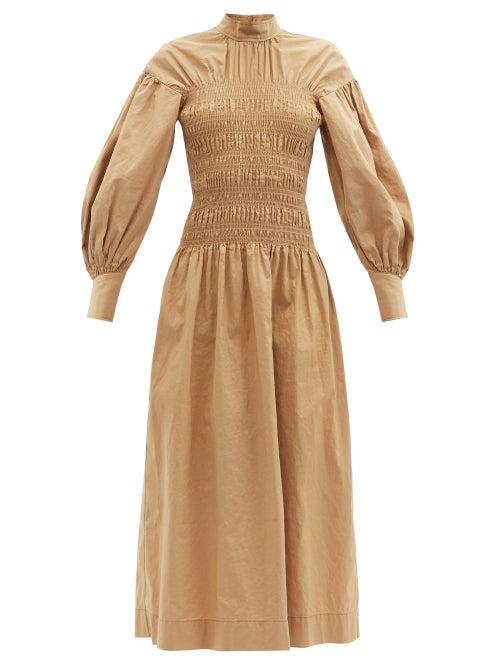 Matchesfashion.com Ganni - Smocked-bodice Organic Cotton-blend Midi Dress - Womens - Beige