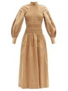 Matchesfashion.com Ganni - Smocked-bodice Organic Cotton-blend Midi Dress - Womens - Beige