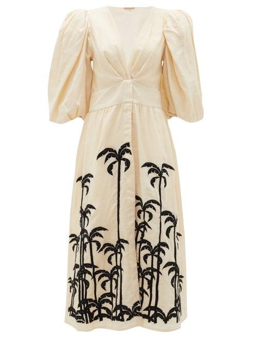 Matchesfashion.com Johanna Ortiz - Quizs Palm Tree-embroidered Linen Midi Dress - Womens - Cream Multi