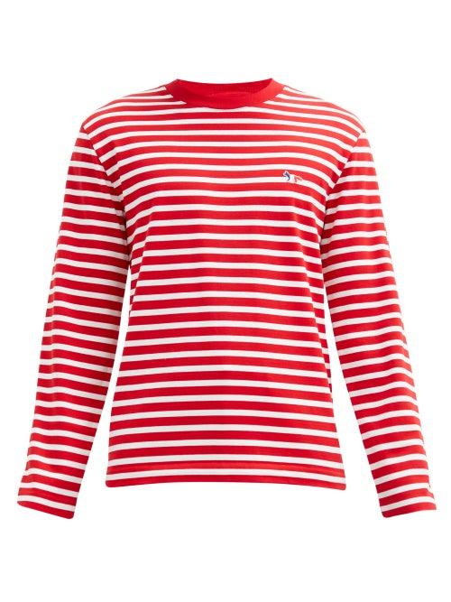 Matchesfashion.com Maison Kitsun - Tricolour-fox Striped Cotton-jersey T-shirt - Mens - Red