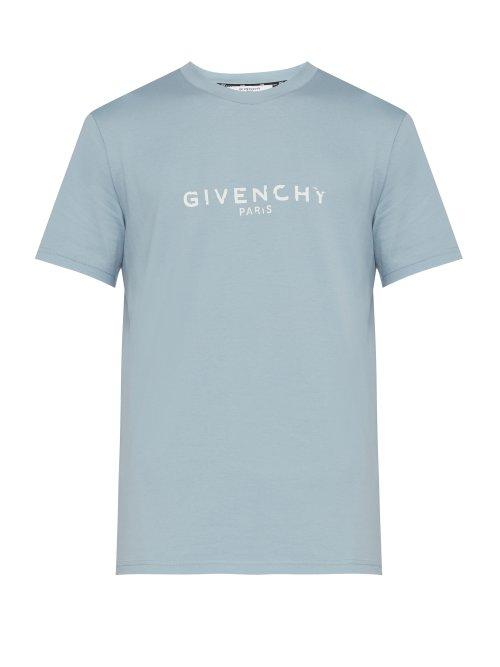 Matchesfashion.com Givenchy - Distressed Logo Cotton Jersey T Shirt - Mens - Light Blue