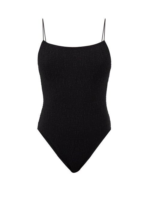 Totme - Smocked Scoop-neck Swimsuit - Womens - Black