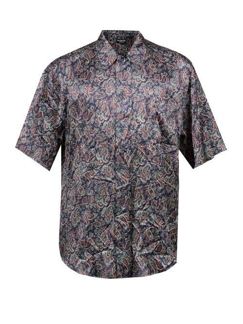 Balenciaga - Paisley-print Satin Short-sleeved Shirt - Mens - Navy