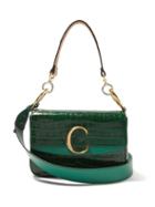 Matchesfashion.com Chlo - The C Croc Effect Leather And Suede Shoulder Bag - Womens - Dark Green