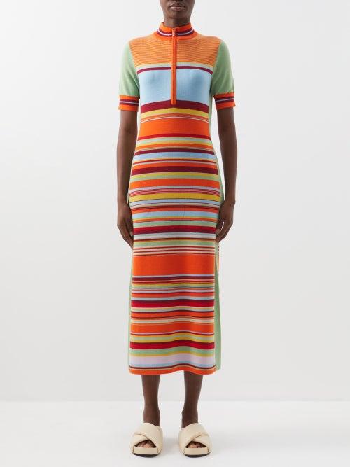 Ale Mais - Alexandra Striped Half-zip Wool Midi Dress - Womens - Multi Stripe