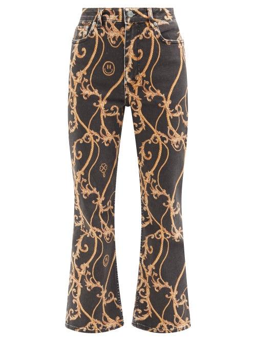 Ganni - Brocade-print Kick-flare Cropped Jeans - Womens - Black Multi