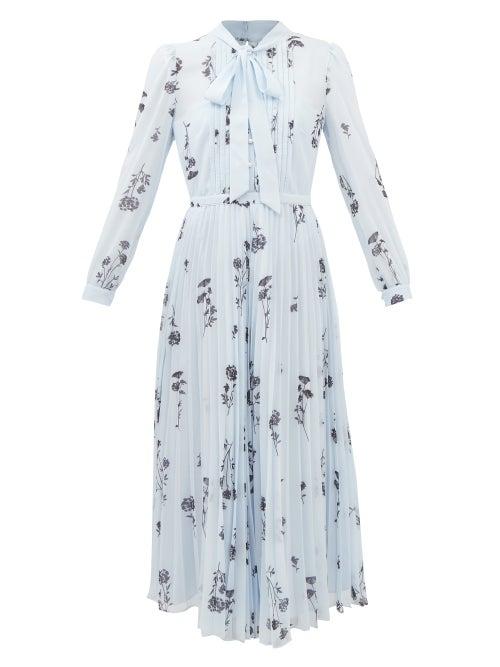Self-portrait - Tie-neck Floral-print Chiffon Midi Dress - Womens - Light Blue