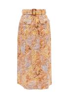 Zimmermann - Belted Paisley-print Linen Midi Skirt - Womens - Multi