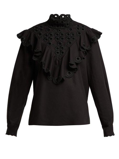 Matchesfashion.com Fendi - Ruffle Broderie Anglaise Cotton Blouse - Womens - Black