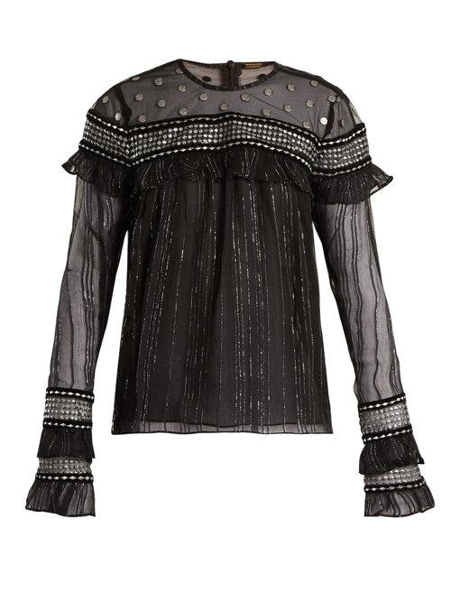 Matchesfashion.com Dodo Bar Or - Silviya Velvet Trimmed Striped Chiffon Top - Womens - Black Silver
