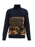 Moncler - Camouflage-intarsia Panelled Wool Sweater - Mens - Navy Multi
