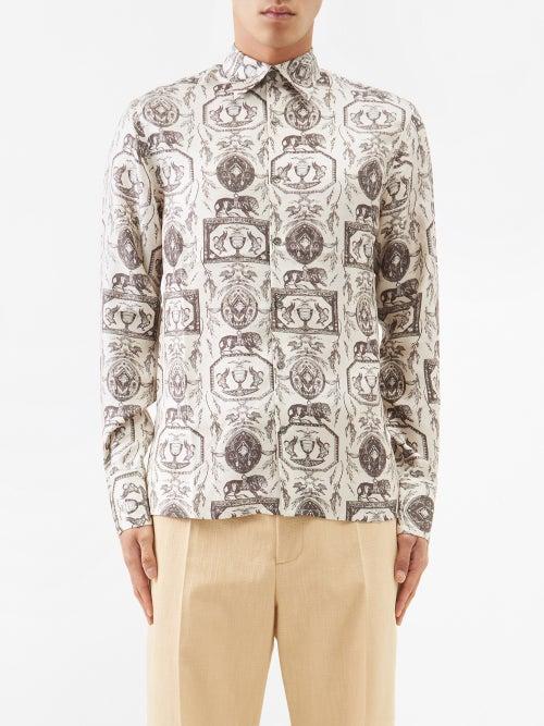 73 London - Lion-print Silk-twill Shirt - Mens - White Multi