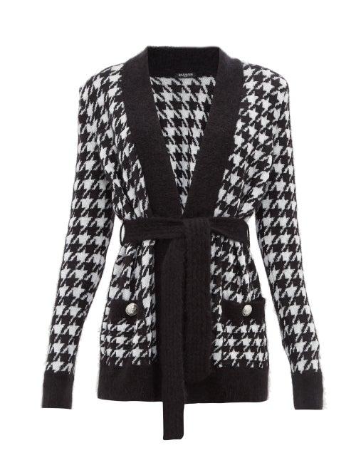 Matchesfashion.com Balmain - Belted Long Line Houndstooth Cardigan - Womens - Black White