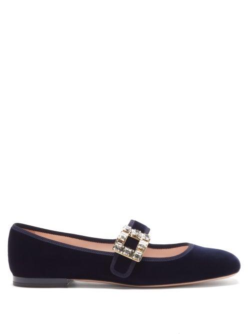 Roger Vivier - Trs Vivier Crystal-buckle Velvet Flats - Womens - Navy