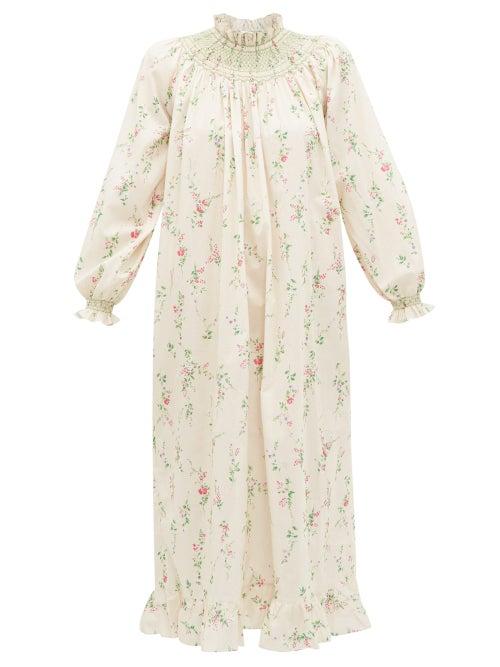 Matchesfashion.com Loretta Caponi - Smocked Floral Print Cotton Maxi Dress - Womens - Pink Multi