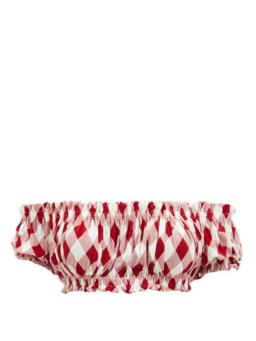 Matchesfashion.com Norma Kamali - Jose Off-the-shoulder Ruched Gingham Bikini Top - Womens - Red White
