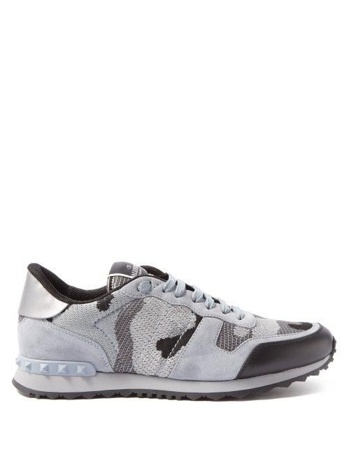 Valentino Garavani - Rockrunner Suede And Camo-print Mesh Trainers - Mens - Grey