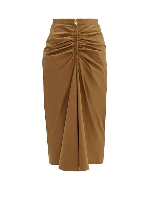 Matchesfashion.com Givenchy - Zip Front Ruched Cotton Blend Midi Skirt - Womens - Camel