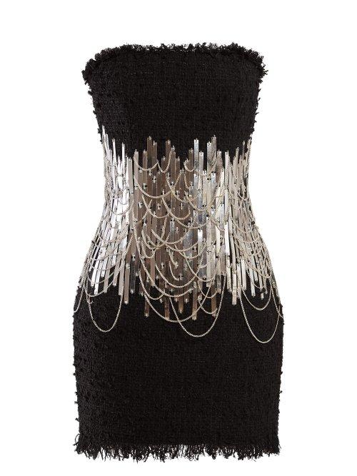 Matchesfashion.com Balmain - Chain And Metal Embellished Tweed Mini Dress - Womens - Black Silver