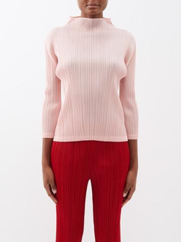 Pleats Please Issey Miyake - High-neck Technical-pleated Long-sleeved Top - Womens - Light Pink